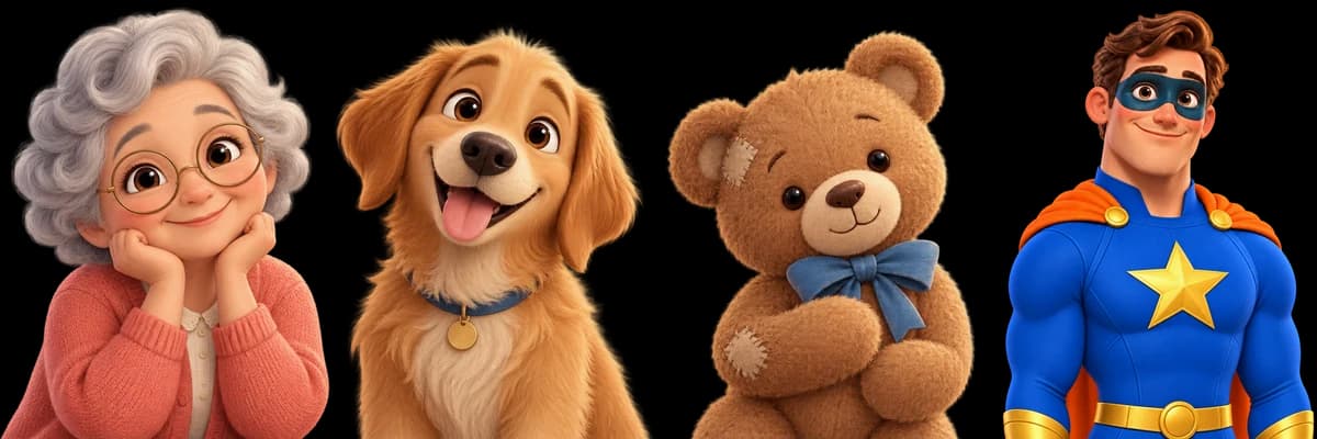 Illustrated grandma, dog, teddy bear, and superhero