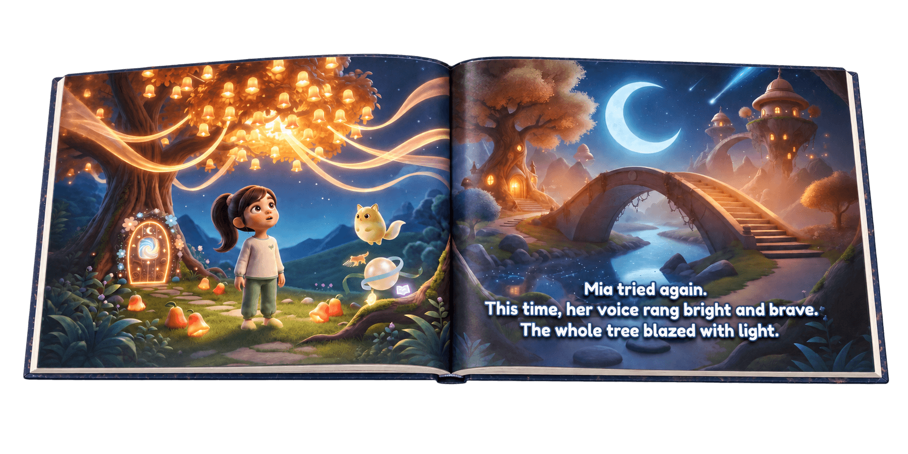 Mia’s open storybook, showing her beneath a glowing tree